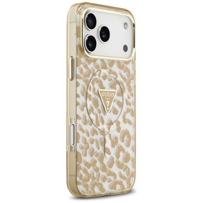 Husa MagSafe pentru Apple iPhone 18 Pro Max / 17 Pro Max, Guess, Leopard Glitter Triangle Logo, Maro