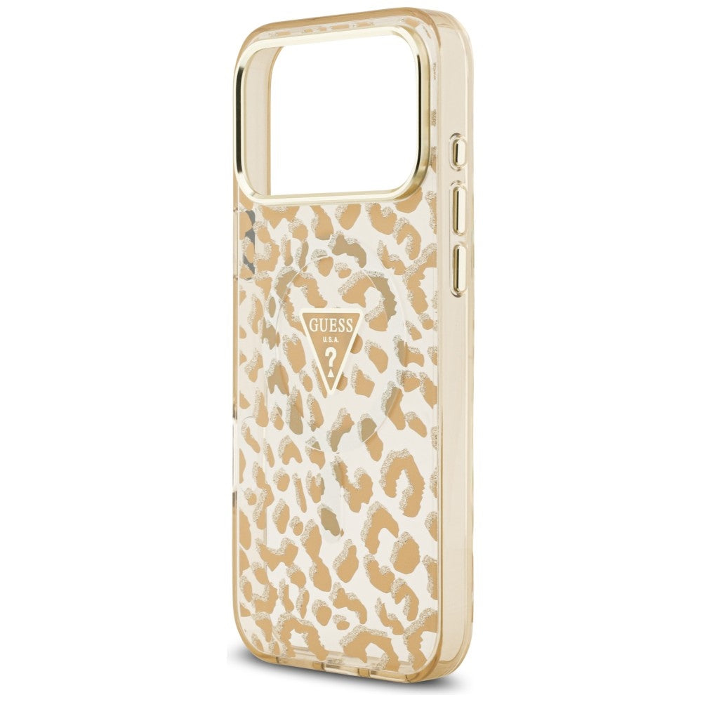 Husa MagSafe pentru Apple iPhone 18 Pro Max / 17 Pro Max, Guess, Leopard Glitter Triangle Logo, Maro