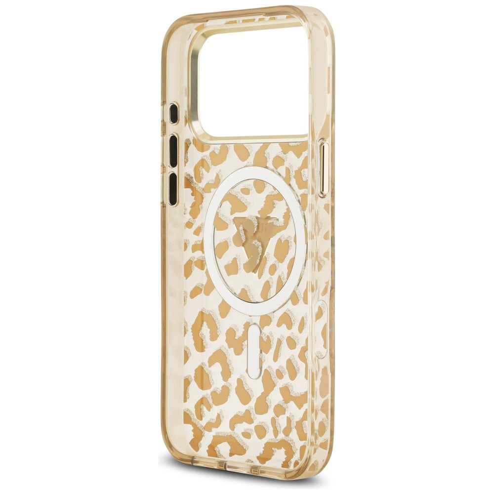 Husa MagSafe pentru Apple iPhone 18 Pro Max / 17 Pro Max, Guess, Leopard Glitter Triangle Logo, Maro