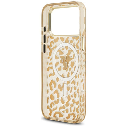 Husa MagSafe pentru Apple iPhone 18 Pro Max / 17 Pro Max, Guess, Leopard Glitter Triangle Logo, Maro