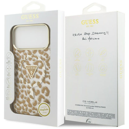 Husa MagSafe pentru Apple iPhone 18 Pro Max / 17 Pro Max, Guess, Leopard Glitter Triangle Logo, Maro