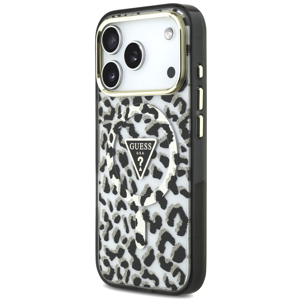 Husa MagSafe pentru Apple iPhone 18 Pro Max / 17 Pro Max, Guess, Leopard Glitter Triangle Logo, Neagra