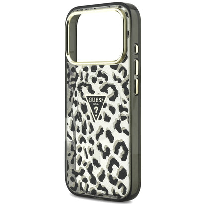 Husa MagSafe pentru Apple iPhone 18 Pro Max / 17 Pro Max, Guess, Leopard Glitter Triangle Logo, Neagra