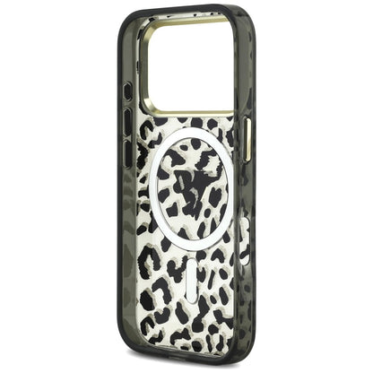 Husa MagSafe pentru Apple iPhone 18 Pro Max / 17 Pro Max, Guess, Leopard Glitter Triangle Logo, Neagra