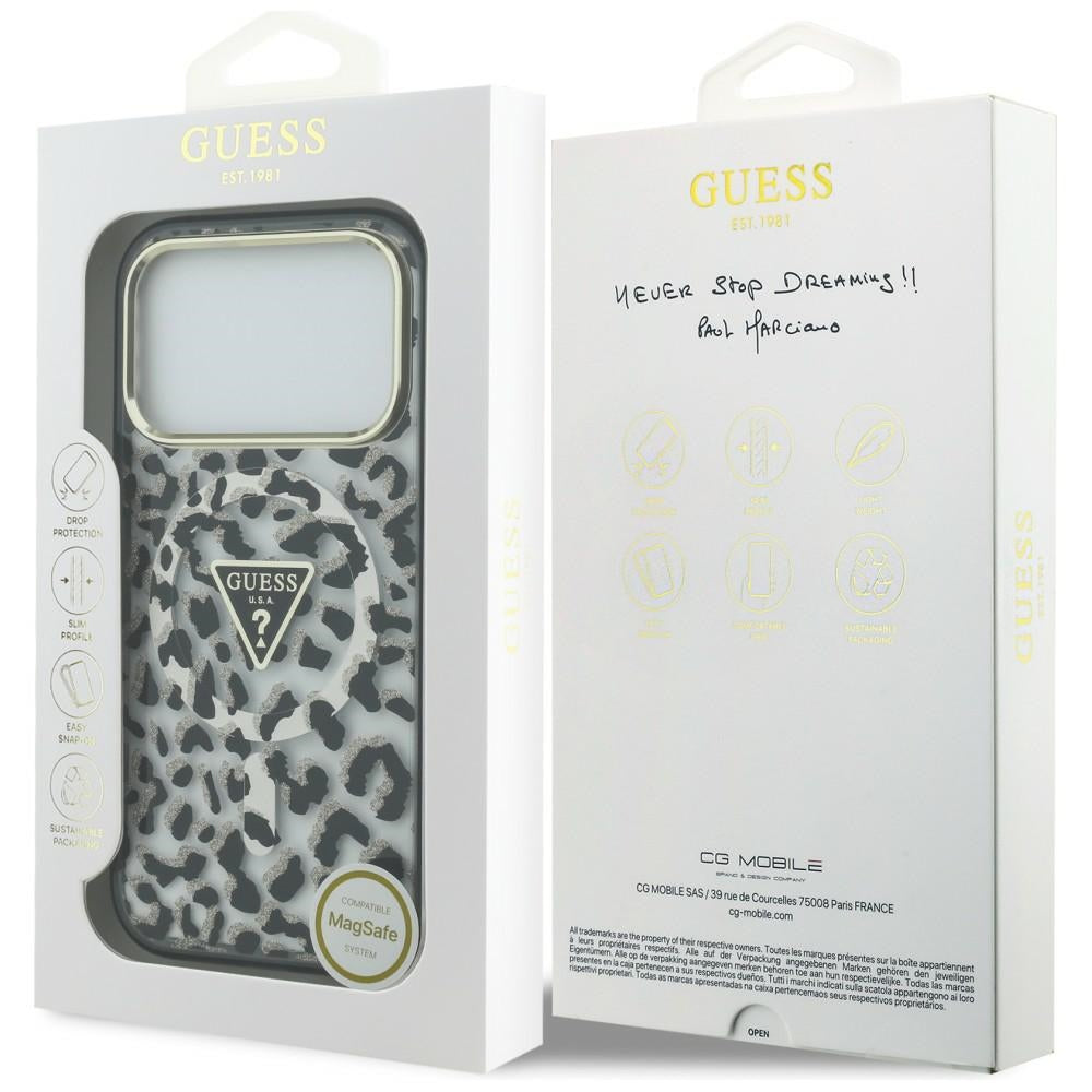 Husa MagSafe pentru Apple iPhone 18 Pro Max / 17 Pro Max, Guess, Leopard Glitter Triangle Logo, Neagra