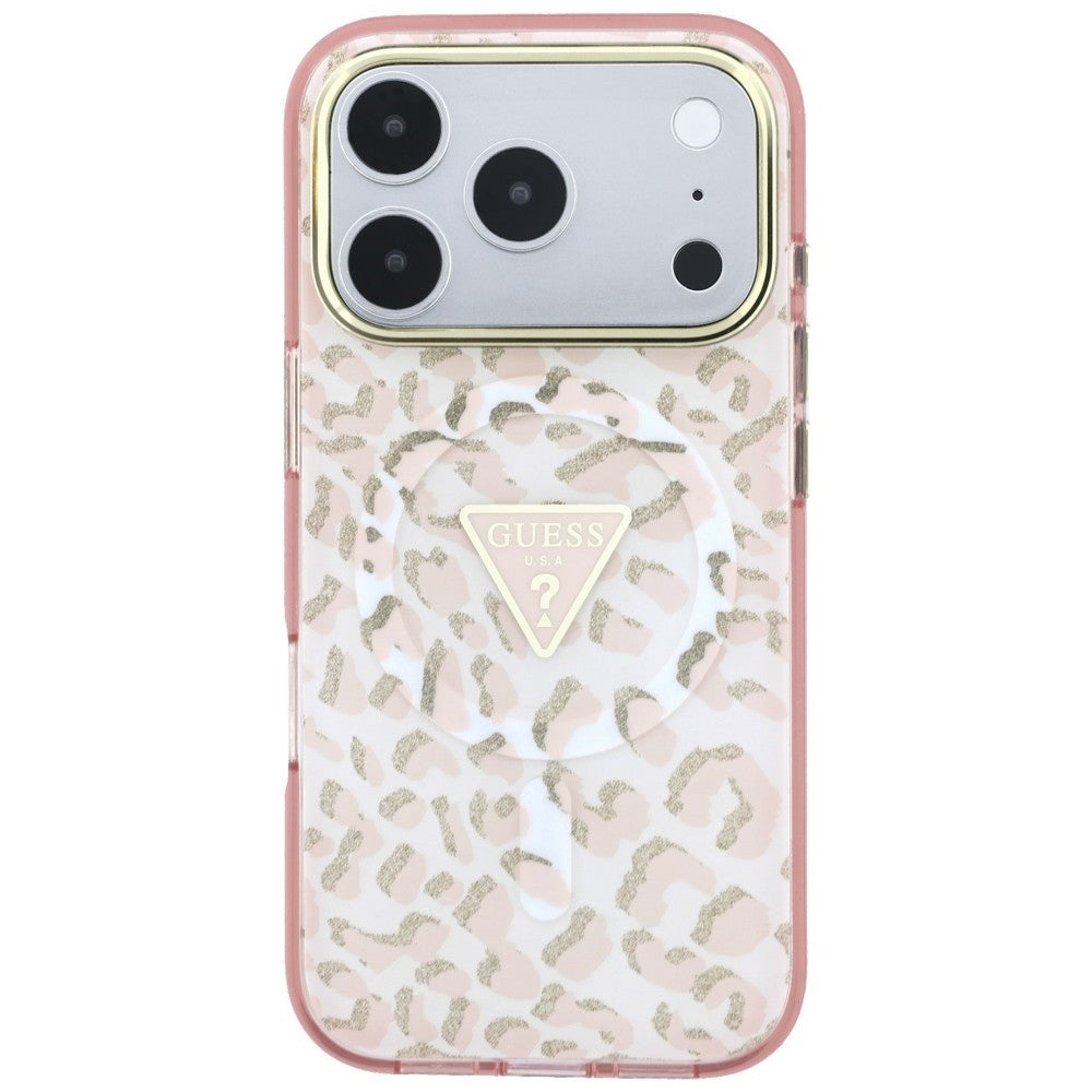 Husa MagSafe pentru Apple iPhone 18 Pro Max / 17 Pro Max, Guess, Leopard Glitter Triangle Logo, Roz