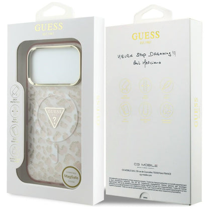 Husa MagSafe pentru Apple iPhone 18 Pro Max / 17 Pro Max, Guess, Leopard Glitter Triangle Logo, Roz