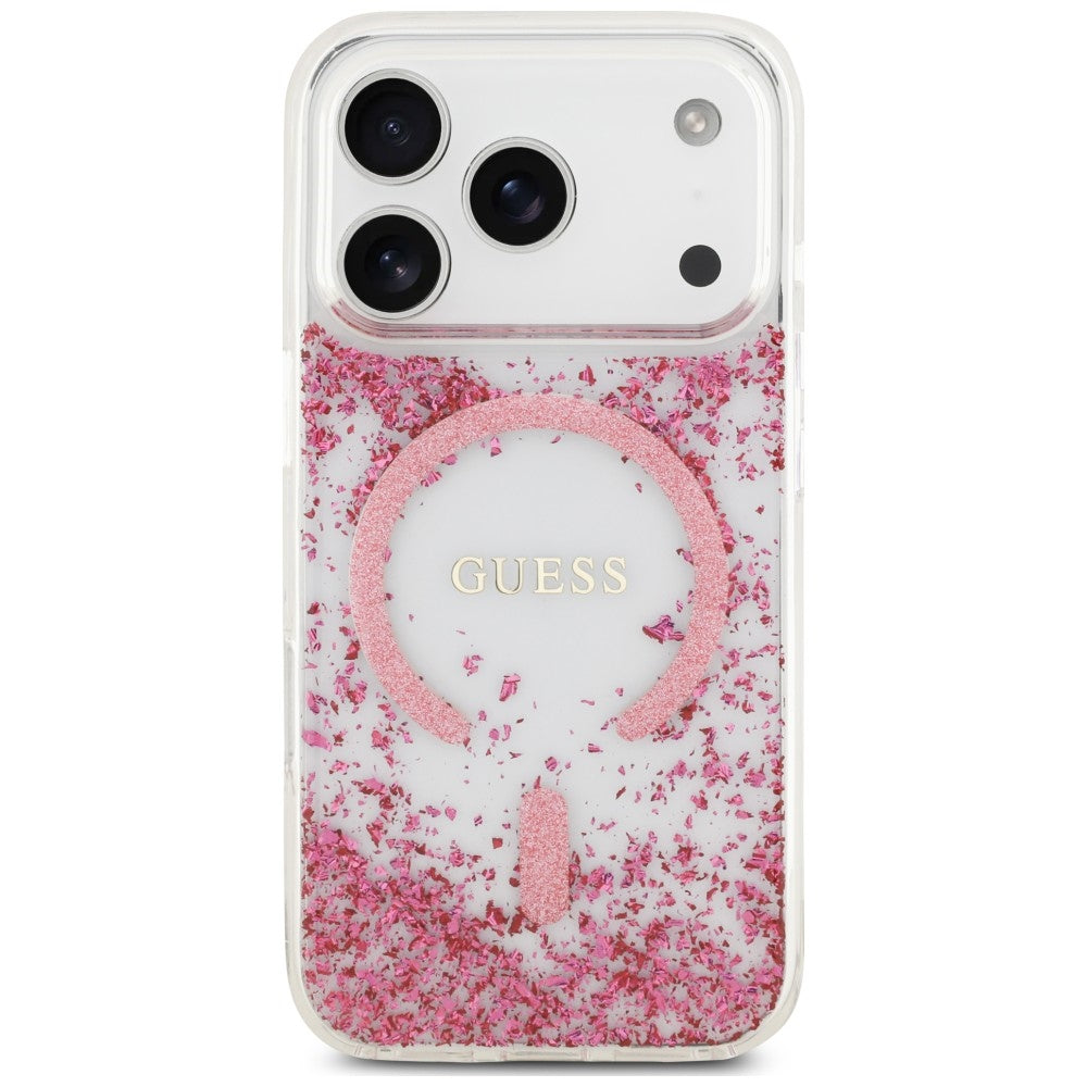 Husa MagSafe pentru Apple iPhone 18 Pro Max / 17 Pro Max, Guess, Resin Bottom Glitter, Roz