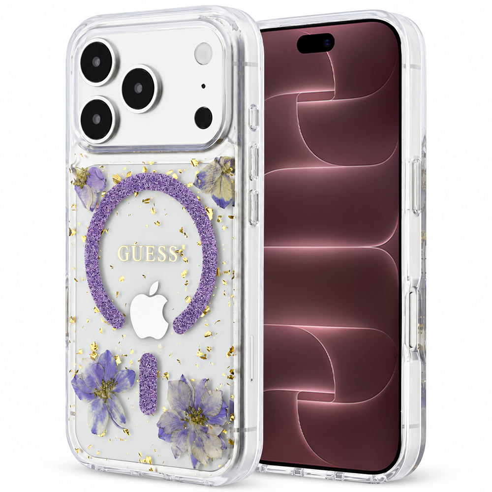 Husa MagSafe pentru Apple iPhone 18 Pro Max / 17 Pro Max, Guess, Resin Flowers and Glitter, Mov
