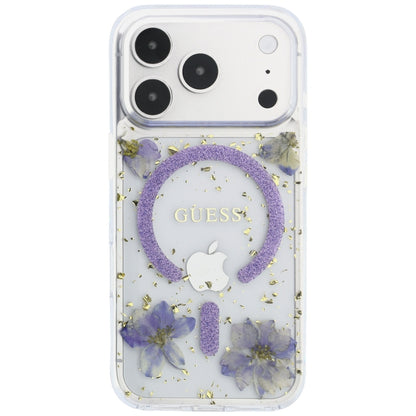 Husa MagSafe pentru Apple iPhone 18 Pro Max / 17 Pro Max, Guess, Resin Flowers and Glitter, Mov