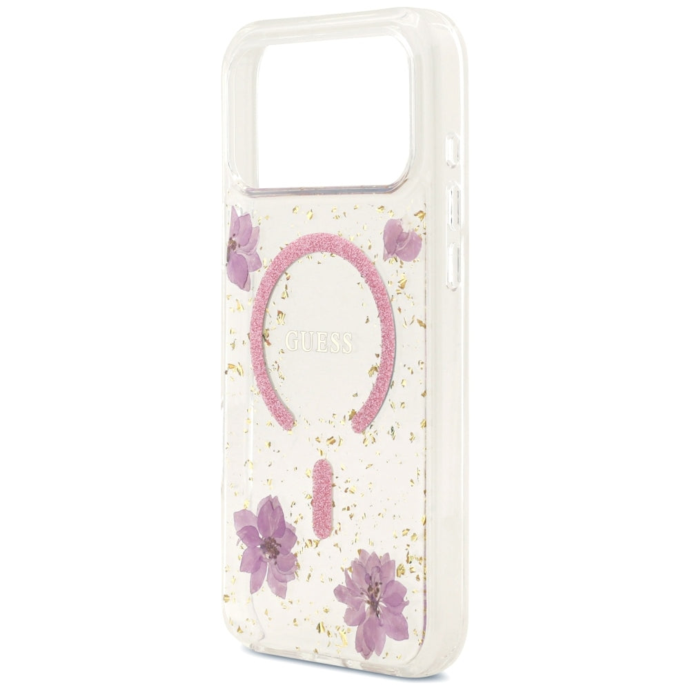 Husa MagSafe pentru Apple iPhone 18 Pro Max / 17 Pro Max, Guess, Resin Flowers and Glitter, Roz