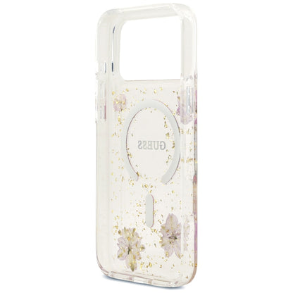 Husa MagSafe pentru Apple iPhone 18 Pro Max / 17 Pro Max, Guess, Resin Flowers and Glitter, Roz