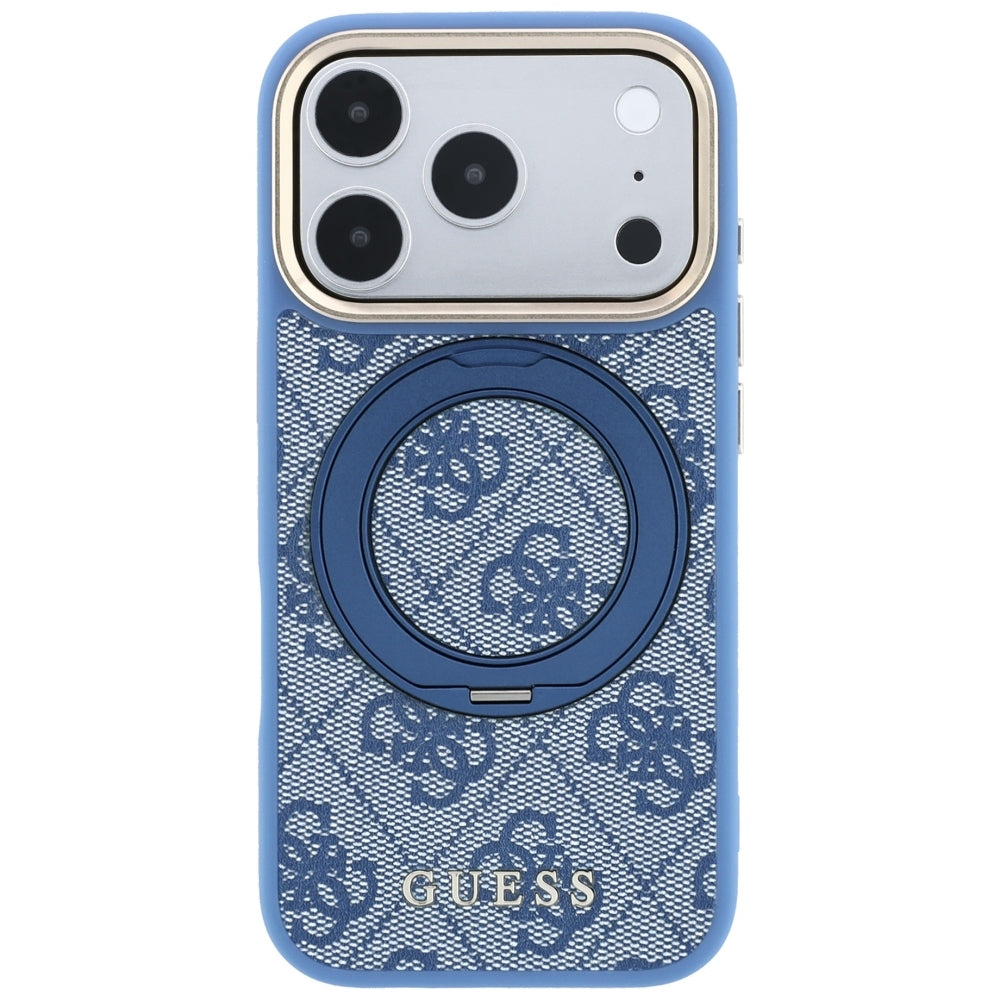 Husa MagSafe pentru Apple iPhone 18 Pro Max / 17 Pro Max, Guess, Ring Stand 360 4G Classic Logo, Albastra