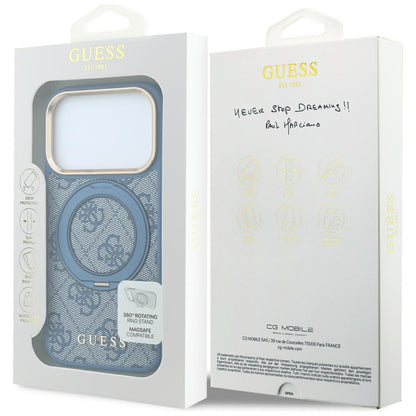 Husa MagSafe pentru Apple iPhone 18 Pro Max / 17 Pro Max, Guess, Ring Stand 360 4G Classic Logo, Albastra