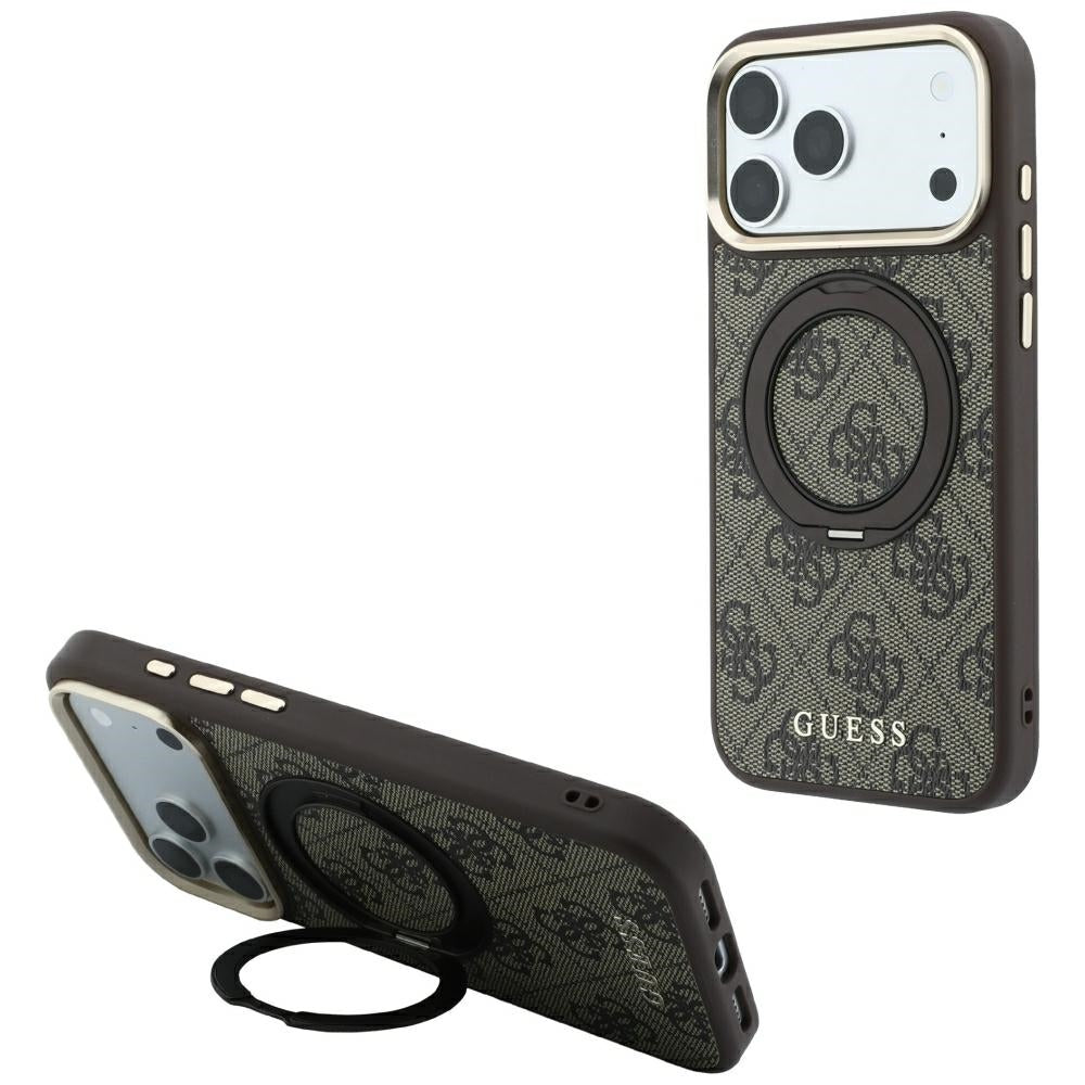 Husa MagSafe pentru Apple iPhone 18 Pro Max / 17 Pro Max, Guess, Ring Stand 360 4G Classic Logo, Maro