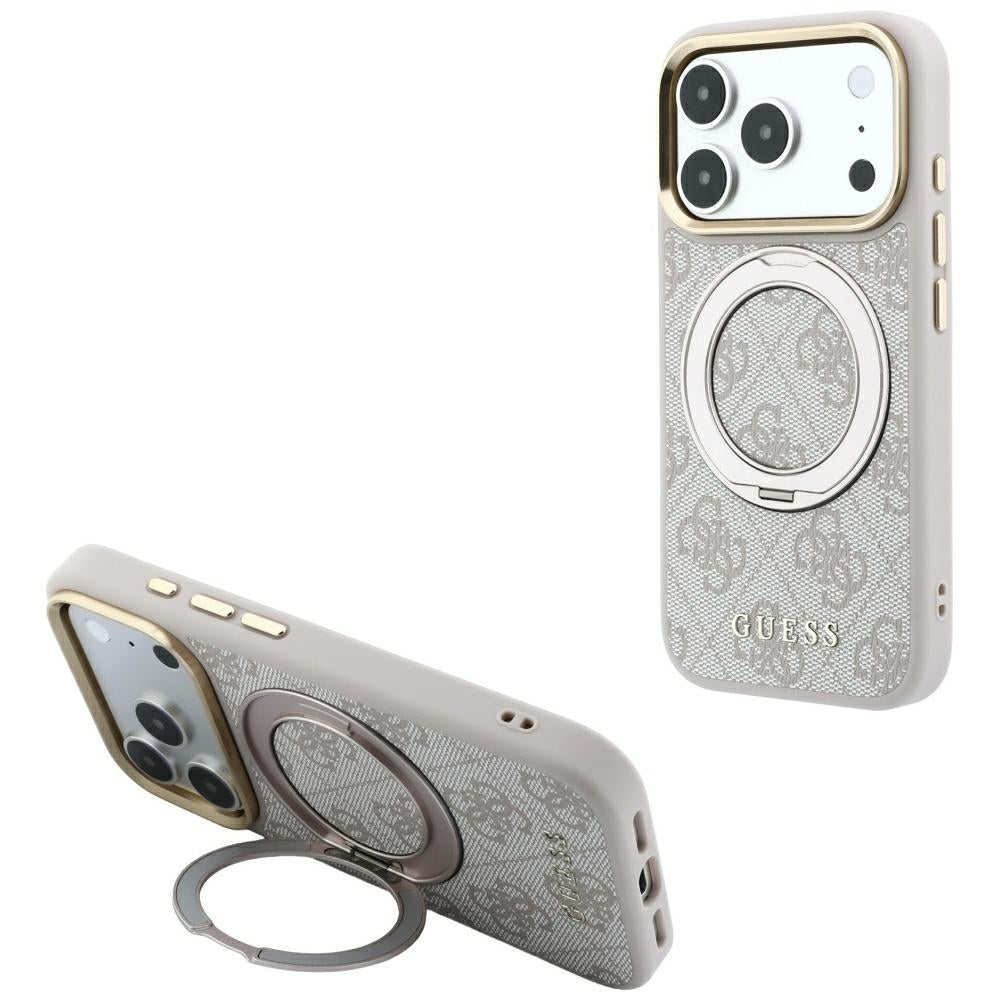 Husa MagSafe pentru Apple iPhone 18 Pro Max / 17 Pro Max, Guess, Ring Stand Classic Logo, Roz