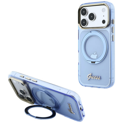 Husa MagSafe pentru Apple iPhone 18 Pro Max / 17 Pro Max, Guess, Ring Stand Script Metal Logo, Bleu