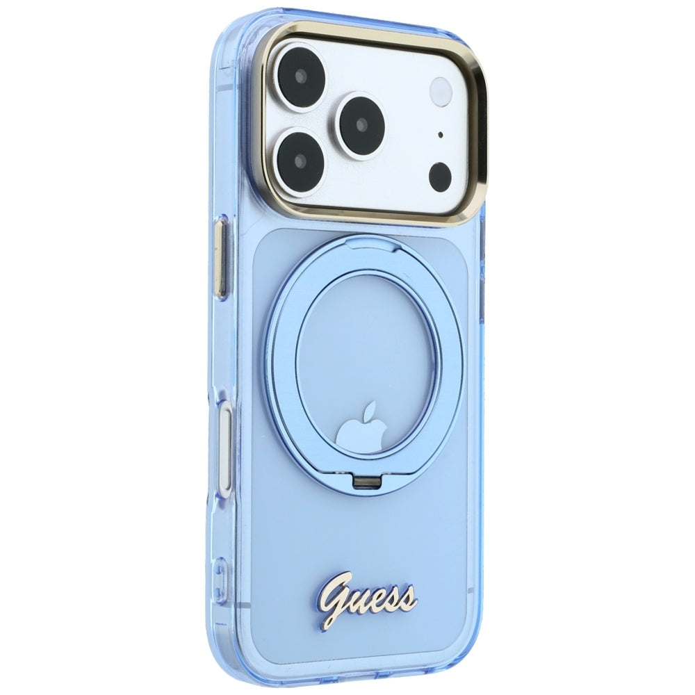 Husa MagSafe pentru Apple iPhone 18 Pro Max / 17 Pro Max, Guess, Ring Stand Script Metal Logo, Bleu