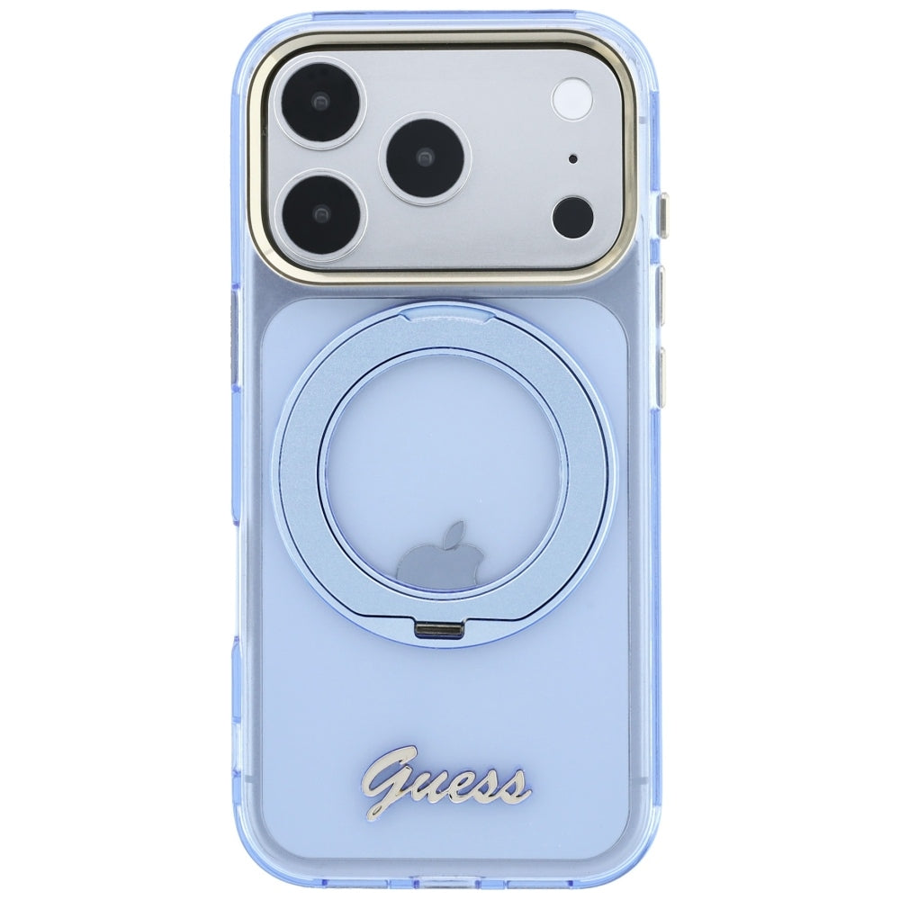 Husa MagSafe pentru Apple iPhone 18 Pro Max / 17 Pro Max, Guess, Ring Stand Script Metal Logo, Bleu