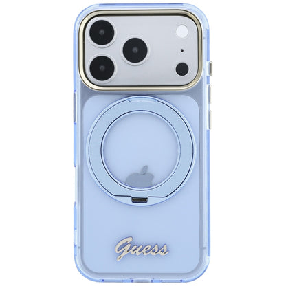 Husa MagSafe pentru Apple iPhone 18 Pro Max / 17 Pro Max, Guess, Ring Stand Script Metal Logo, Bleu