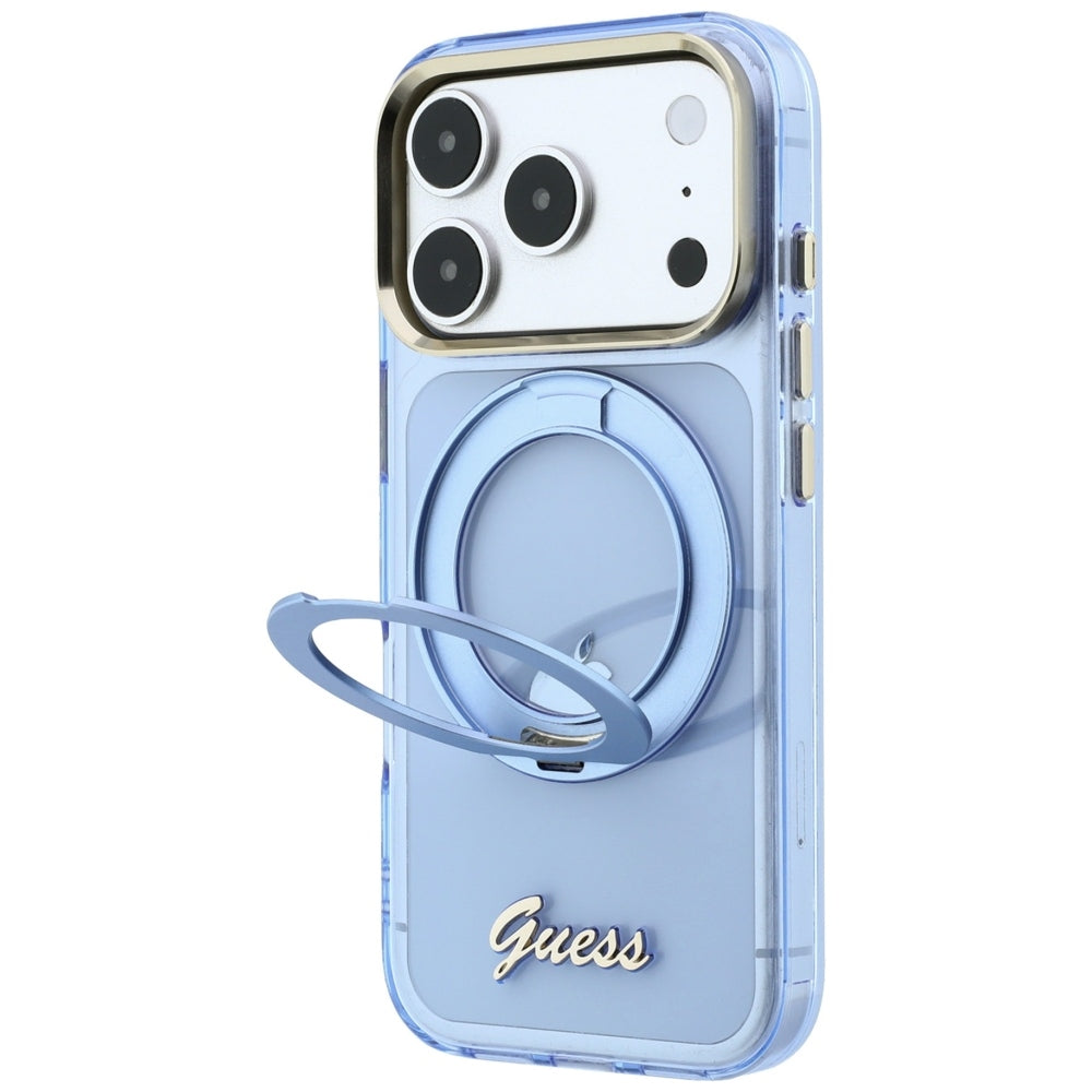 Husa MagSafe pentru Apple iPhone 18 Pro Max / 17 Pro Max, Guess, Ring Stand Script Metal Logo, Bleu