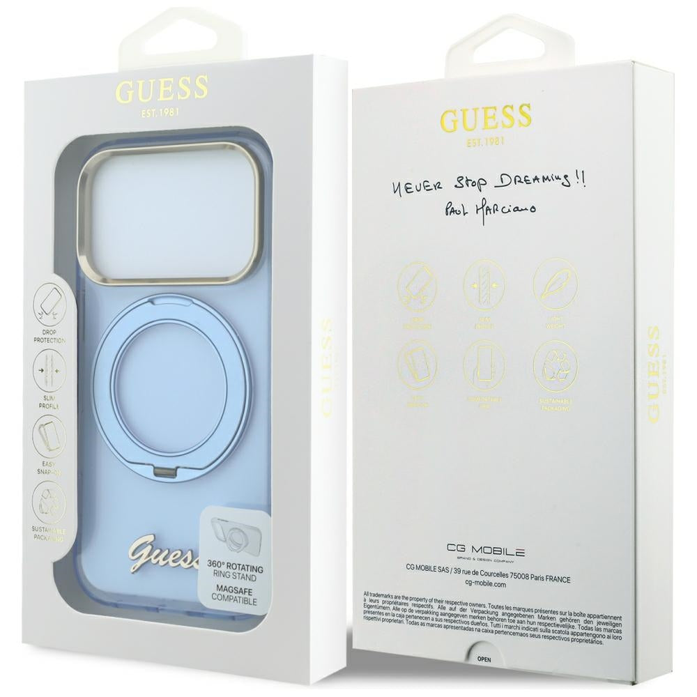 Husa MagSafe pentru Apple iPhone 18 Pro Max / 17 Pro Max, Guess, Ring Stand Script Metal Logo, Bleu