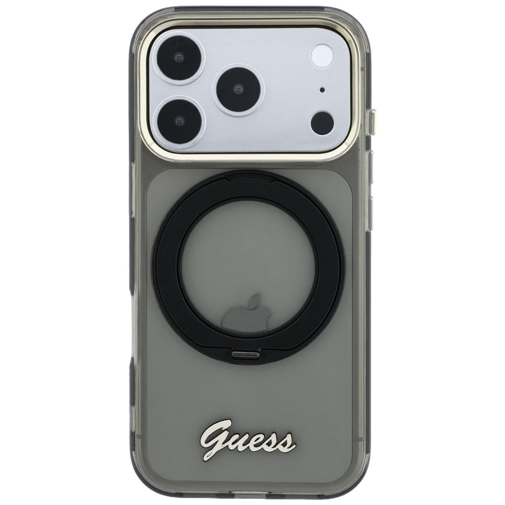 Husa MagSafe pentru Apple iPhone 18 Pro Max / 17 Pro Max, Guess, Ring Stand Script Metal Logo, Neagra
