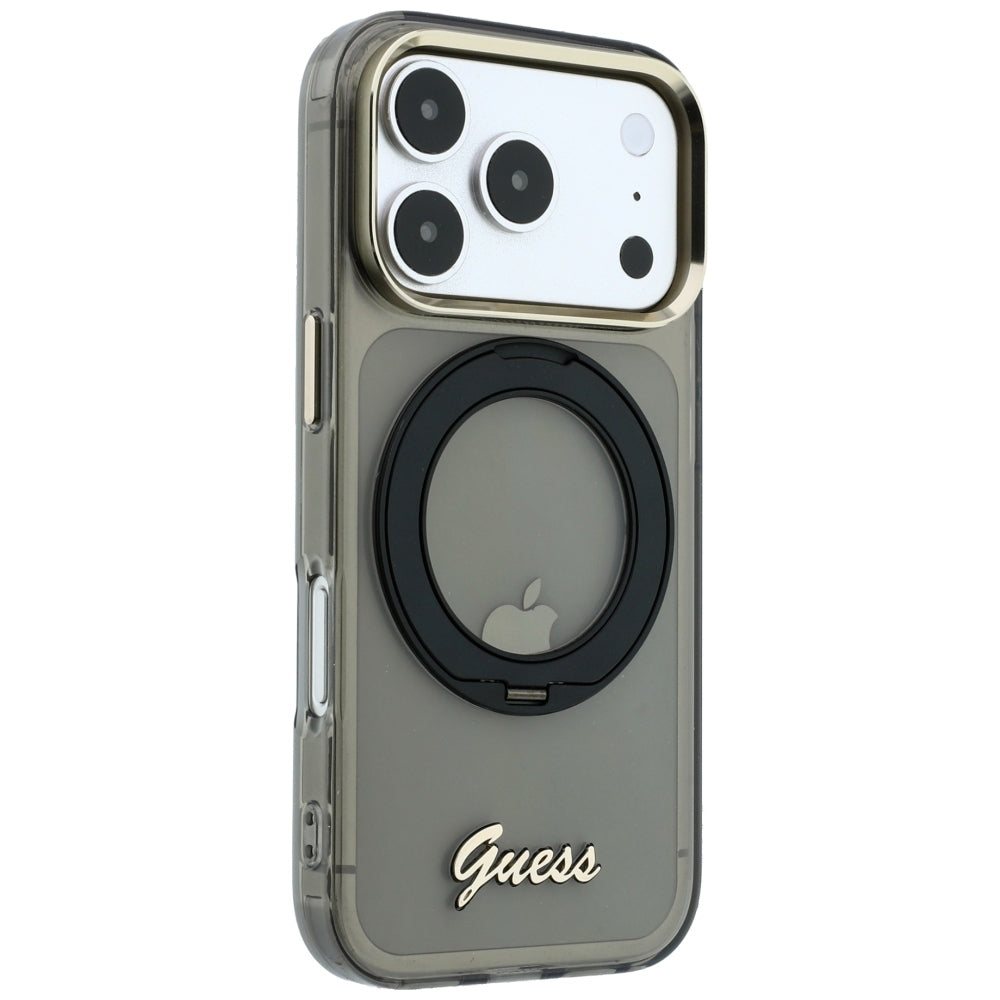 Husa MagSafe pentru Apple iPhone 18 Pro Max / 17 Pro Max, Guess, Ring Stand Script Metal Logo, Neagra