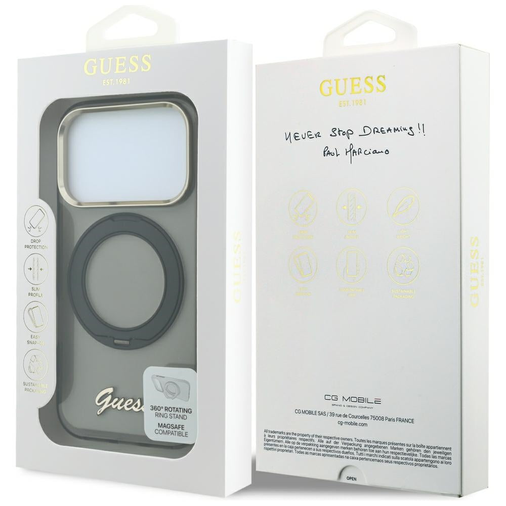 Husa MagSafe pentru Apple iPhone 18 Pro Max / 17 Pro Max, Guess, Ring Stand Script Metal Logo, Neagra