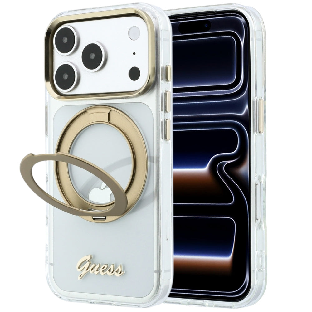 Husa MagSafe pentru Apple iPhone 18 Pro Max / 17 Pro Max, Guess, Ring Stand Script Metal Logo, Transparenta