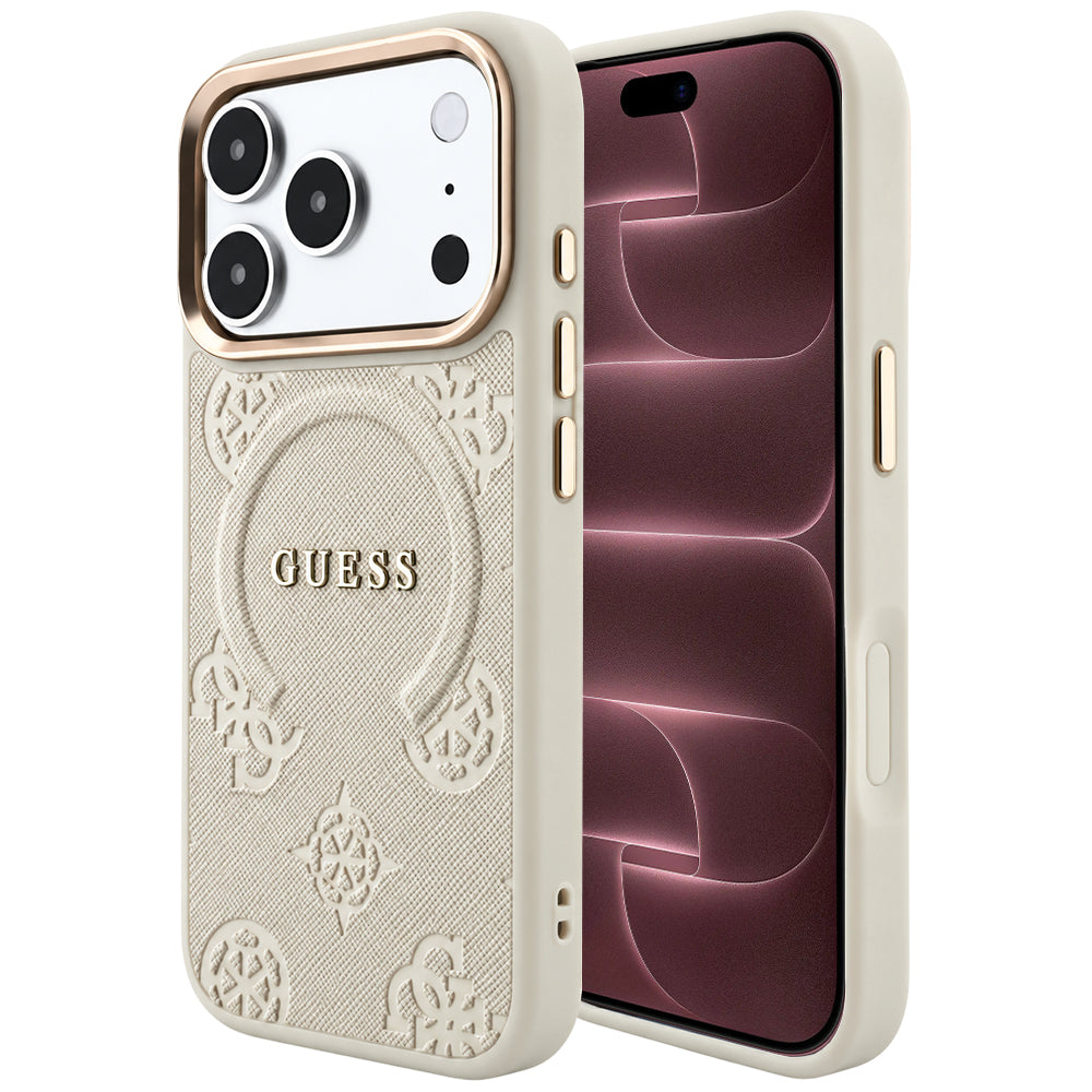 Husa MagSafe pentru Apple iPhone 18 Pro Max / 17 Pro Max, Guess, Saffiano Peony Hot Stamp, Bej