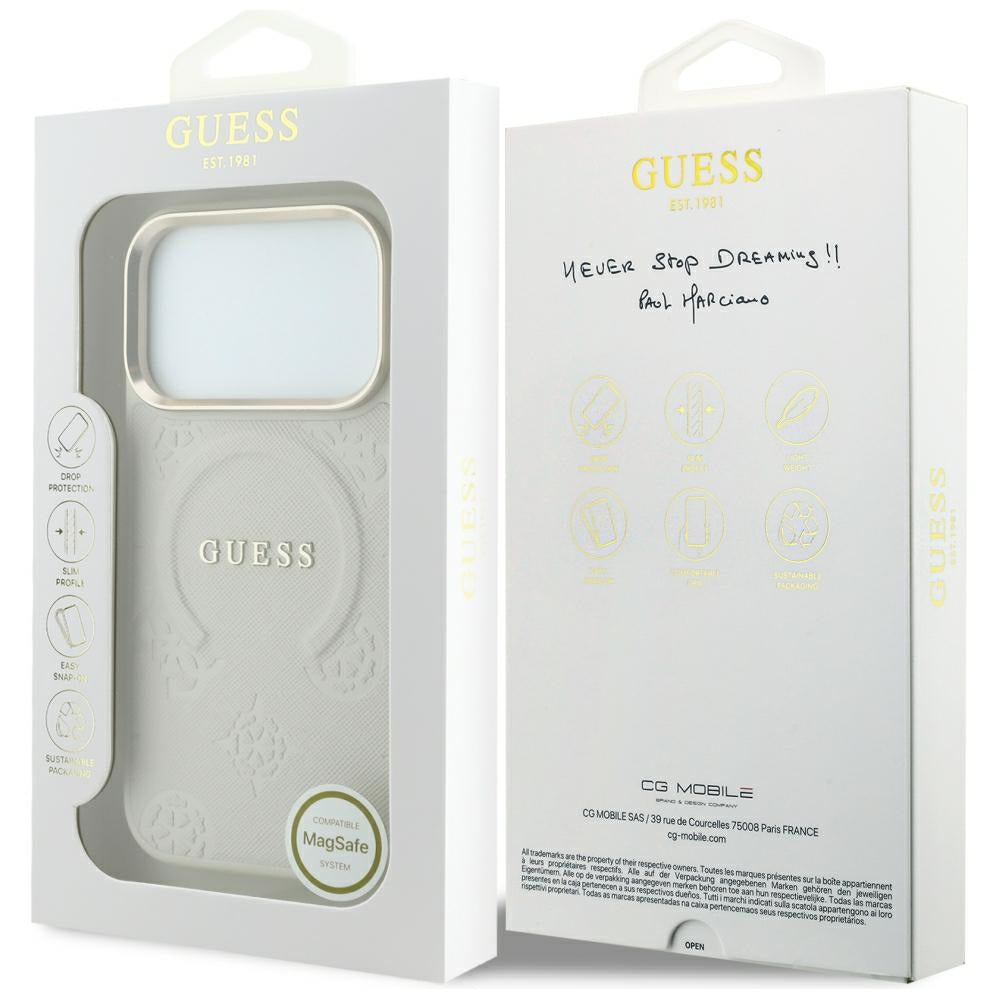 Husa MagSafe pentru Apple iPhone 18 Pro Max / 17 Pro Max, Guess, Saffiano Peony Hot Stamp, Bej