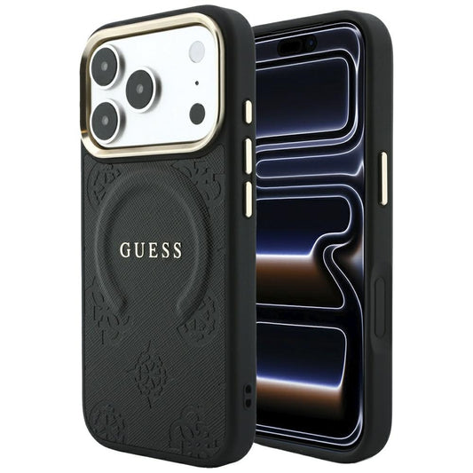 Husa MagSafe pentru Apple iPhone 18 Pro Max / 17 Pro Max, Guess, Saffiano Peony Ring, Neagra