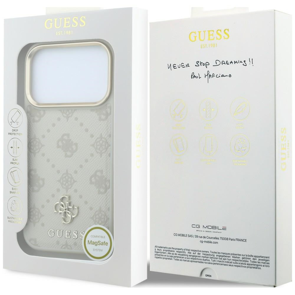 Husa MagSafe pentru Apple iPhone 18 Pro Max / 17 Pro Max, Guess, Stripe Peony 4G, Bej