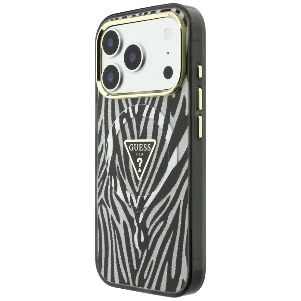 Husa MagSafe pentru Apple iPhone 18 Pro Max / 17 Pro Max, Guess, Zebra Glitter Triangle Logo, Argintie