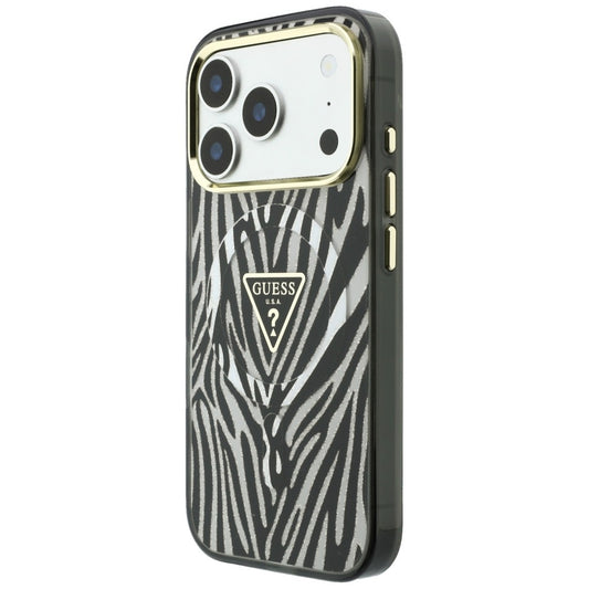 Husa MagSafe pentru Apple iPhone 18 Pro Max / 17 Pro Max, Guess, Zebra Glitter Triangle Logo, Argintie