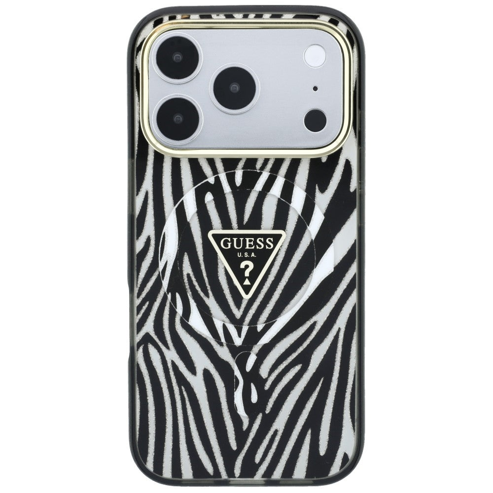 Husa MagSafe pentru Apple iPhone 18 Pro Max / 17 Pro Max, Guess, Zebra Glitter Triangle Logo, Argintie