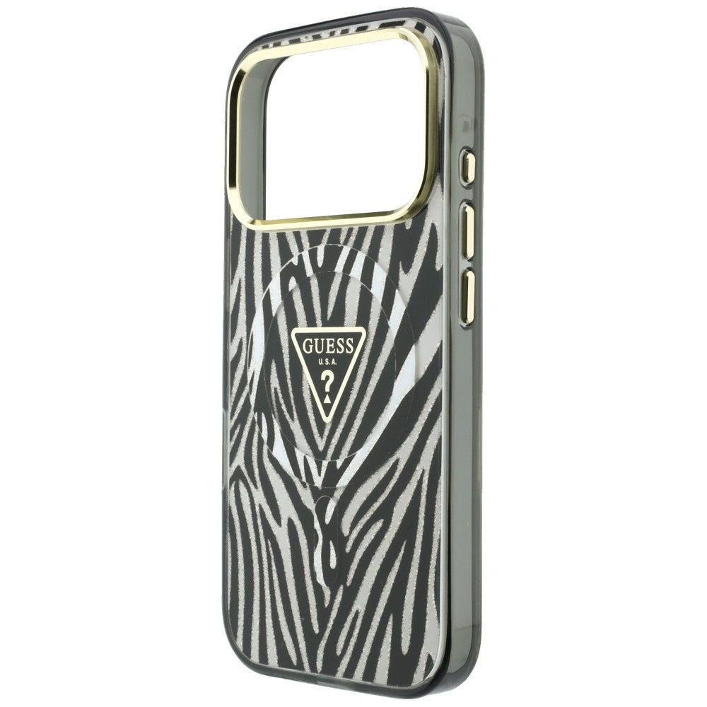 Husa MagSafe pentru Apple iPhone 18 Pro Max / 17 Pro Max, Guess, Zebra Glitter Triangle Logo, Argintie