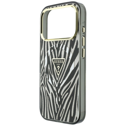 Husa MagSafe pentru Apple iPhone 18 Pro Max / 17 Pro Max, Guess, Zebra Glitter Triangle Logo, Argintie