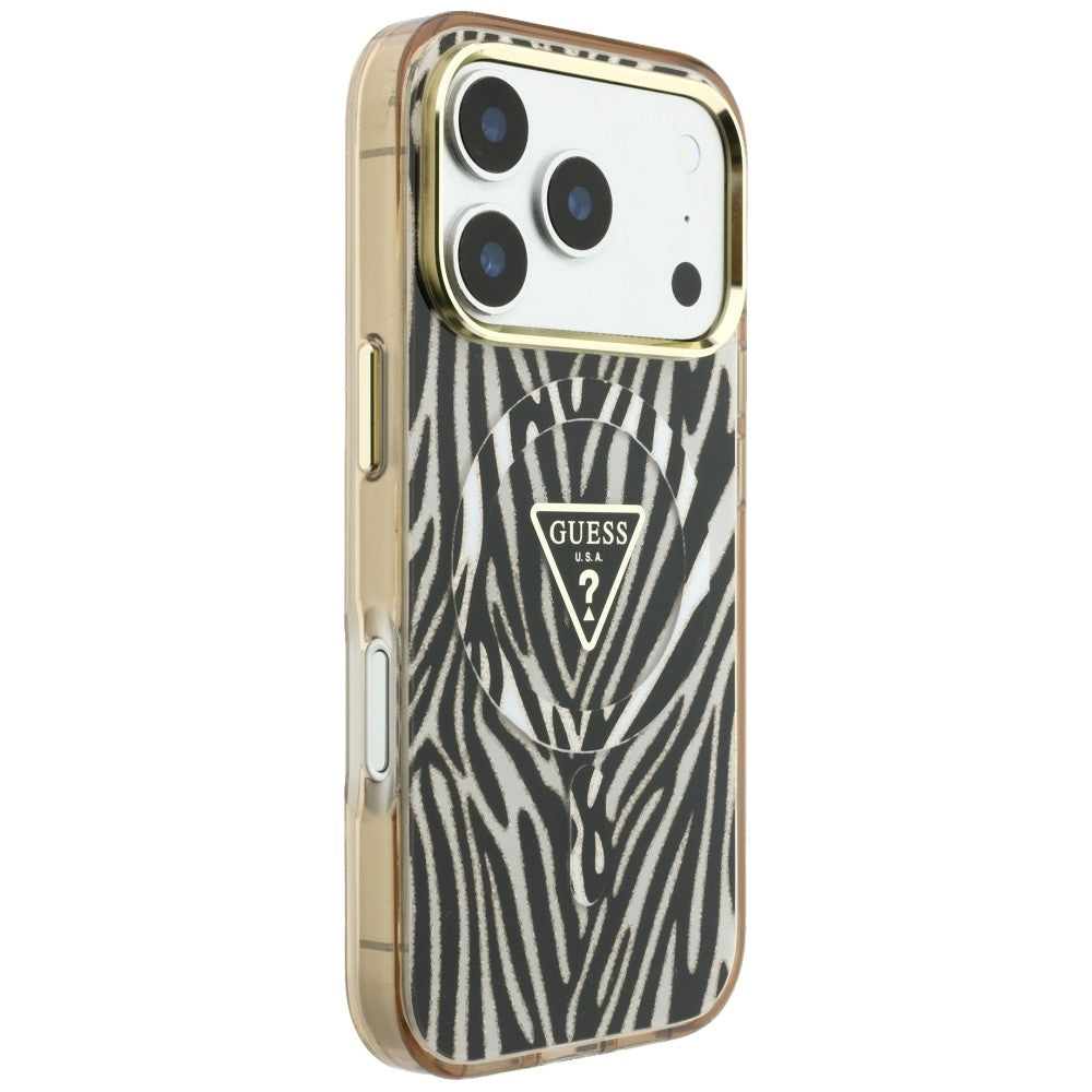 Husa MagSafe pentru Apple iPhone 18 Pro Max / 17 Pro Max, Guess, Zebra Glitter Triangle Logo, Aurie