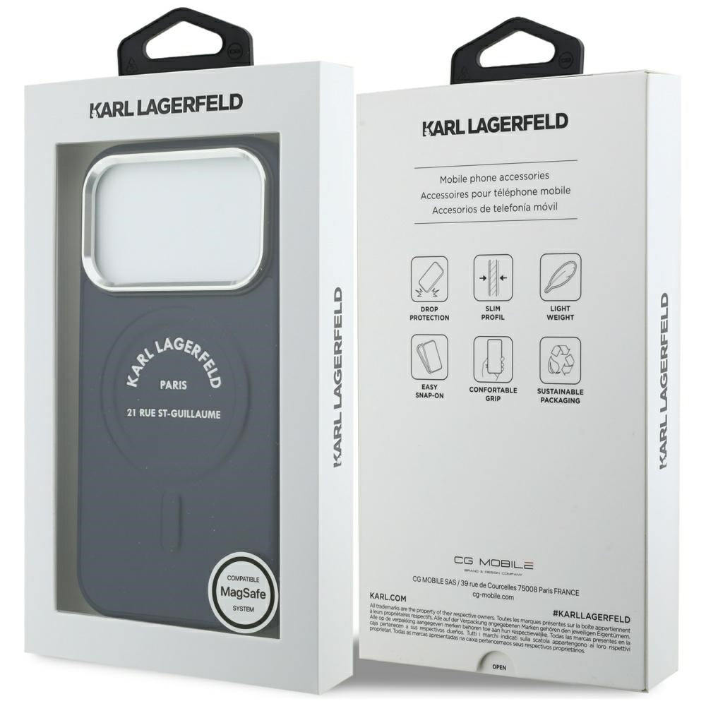 Husa MagSafe pentru Apple iPhone 18 Pro Max / 17 Pro Max, Karl Lagerfeld, Embossed Open Ring RSG Logo, Albastra