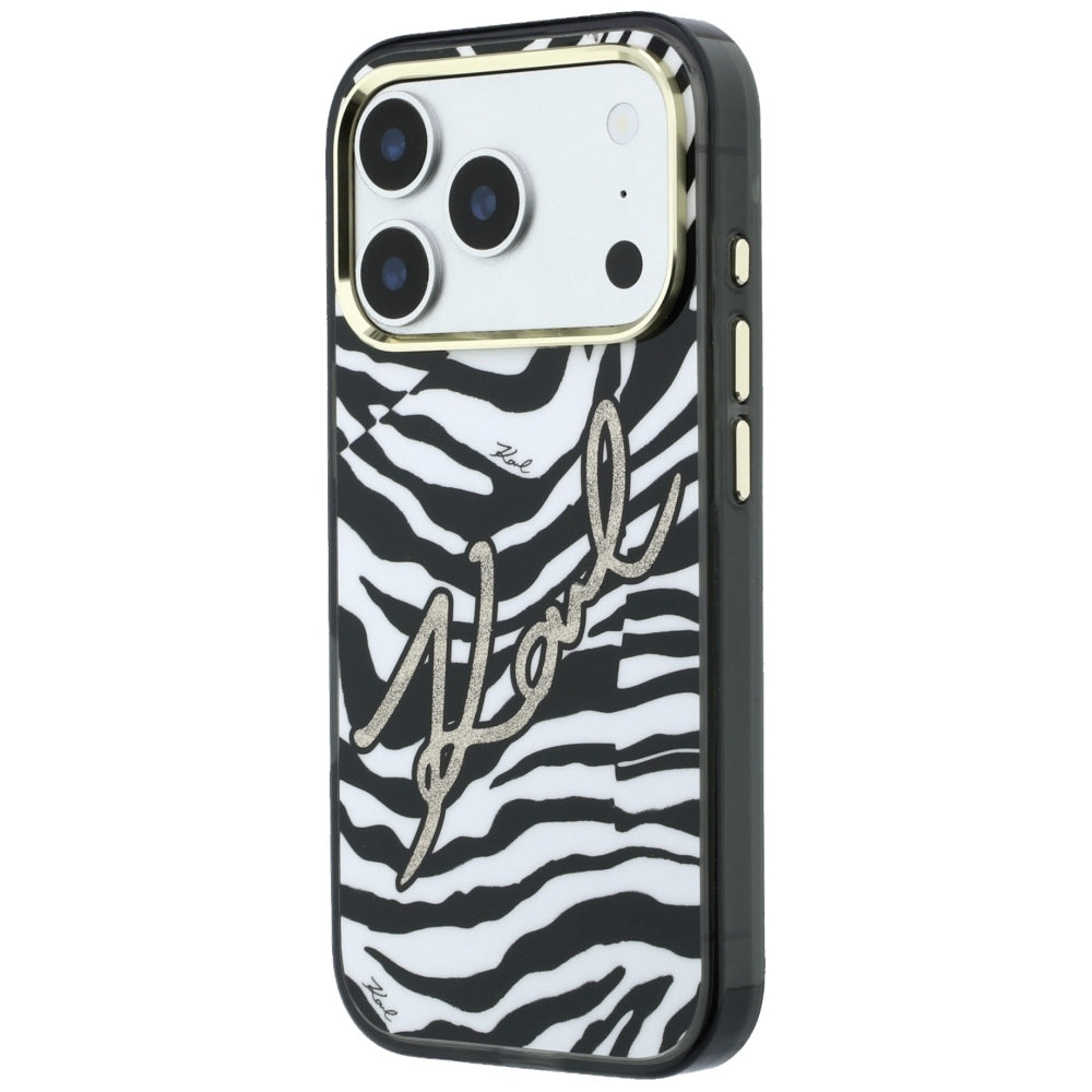 Husa MagSafe pentru Apple iPhone 18 Pro Max / 17 Pro Max, Karl Lagerfeld, HC IML Signature Zebra Glitter Gold, Neagra