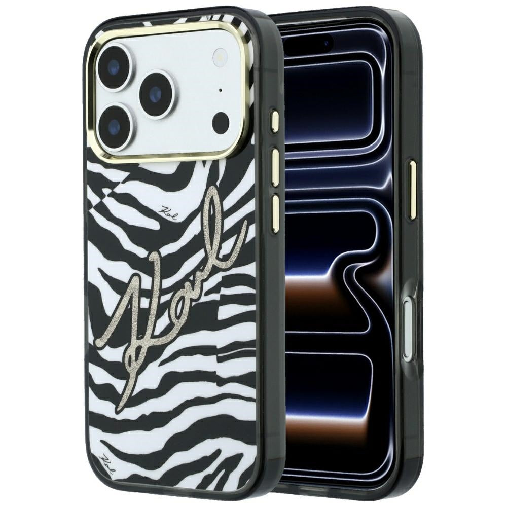 Husa MagSafe pentru Apple iPhone 18 Pro Max / 17 Pro Max, Karl Lagerfeld, HC IML Signature Zebra Glitter Gold, Neagra