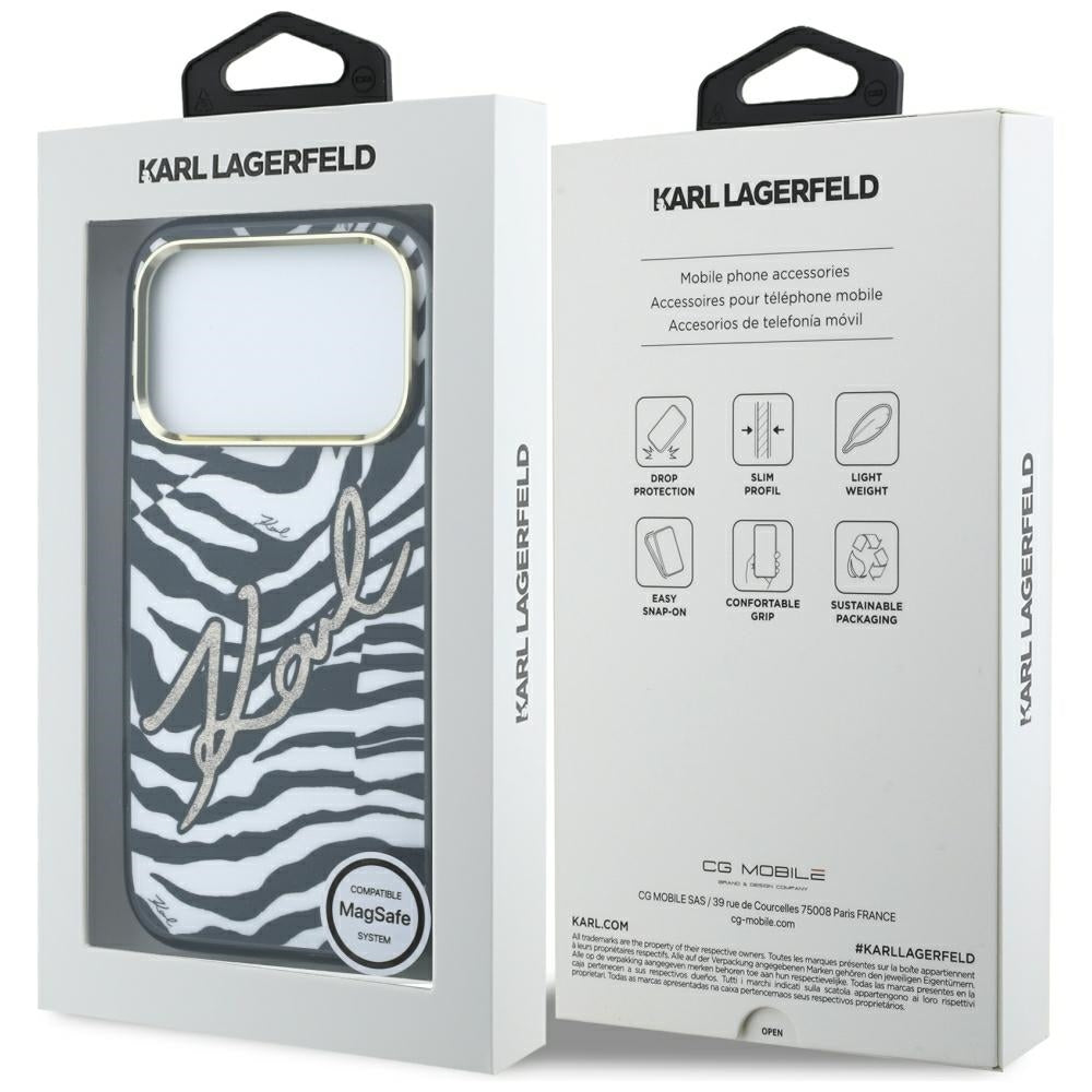 Husa MagSafe pentru Apple iPhone 18 Pro Max / 17 Pro Max, Karl Lagerfeld, HC IML Signature Zebra Glitter Gold, Neagra