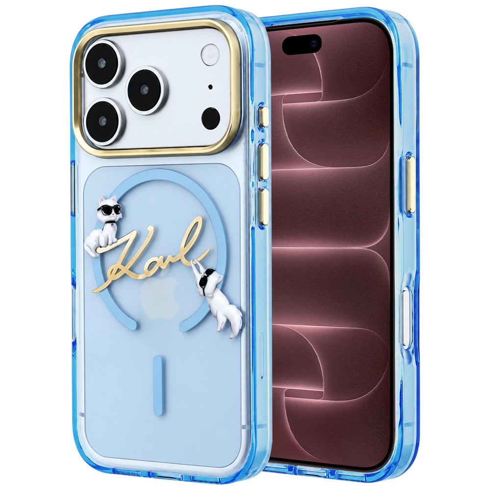 Husa MagSafe pentru Apple iPhone 18 Pro Max / 17 Pro Max, Karl Lagerfeld, IML Choupette Karl Script Logo, Bleu