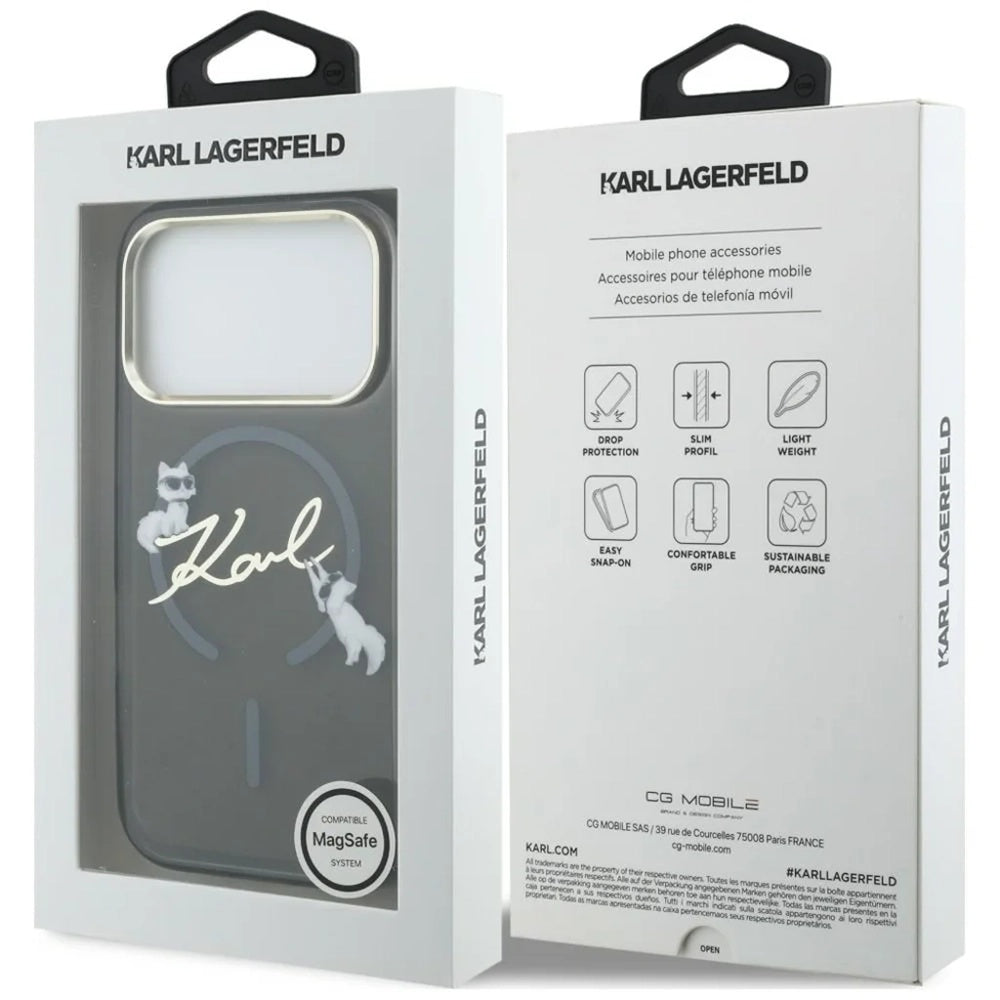 Husa MagSafe pentru Apple iPhone 18 Pro Max / 17 Pro Max, Karl Lagerfeld, IML Choupette Karl Script Logo, Neagra