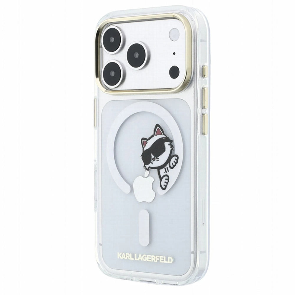 Husa MagSafe pentru Apple iPhone 18 Pro Max / 17 Pro Max, Karl Lagerfeld, IML Peekaboo Print and Metal Frame, Transparenta