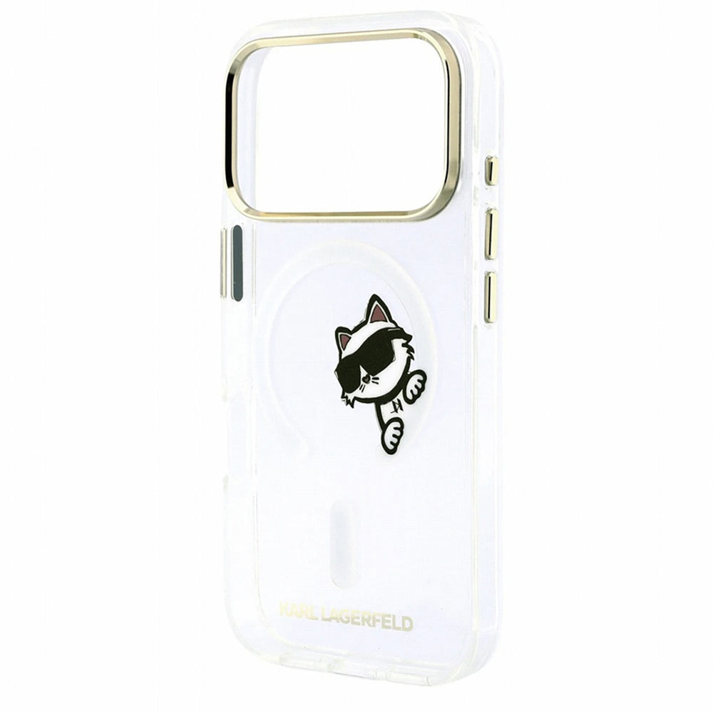 Husa MagSafe pentru Apple iPhone 18 Pro Max / 17 Pro Max, Karl Lagerfeld, IML Peekaboo Print and Metal Frame, Transparenta