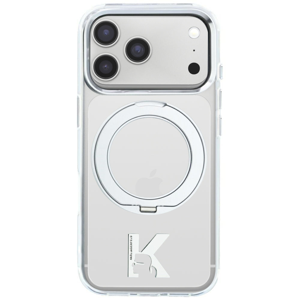 Husa MagSafe pentru Apple iPhone 18 Pro Max / 17 Pro Max, Karl Lagerfeld, IML Ring Stand Kameo Metal, Transparenta