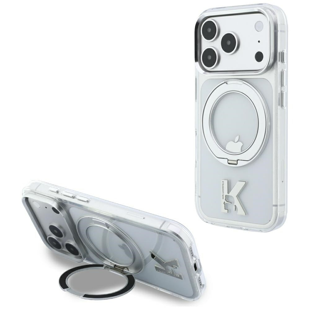 Husa MagSafe pentru Apple iPhone 18 Pro Max / 17 Pro Max, Karl Lagerfeld, IML Ring Stand Kameo Metal, Transparenta